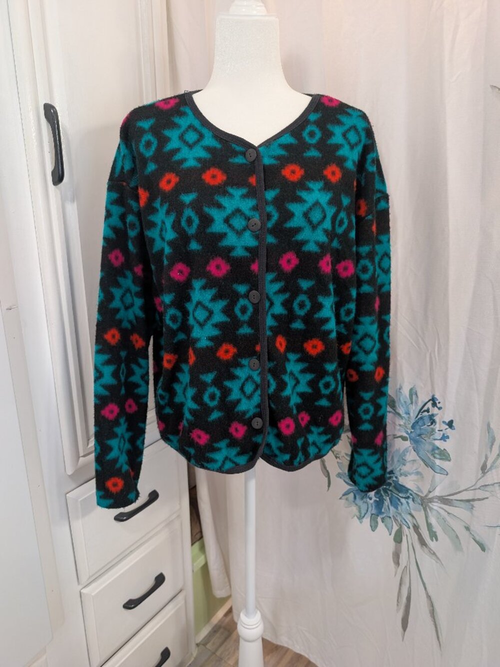 Vintage David Wayne Women's Cardigan Fleece Button Front Southwestern Size L